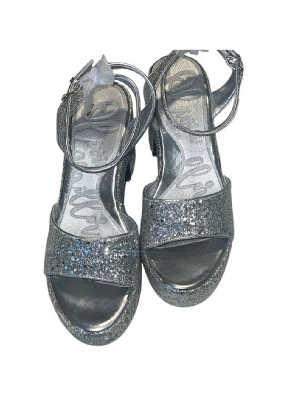 Olivia Miller Capricorn Silver Glitter Ankle Wrap Platform Shoes Size 9 NWOB